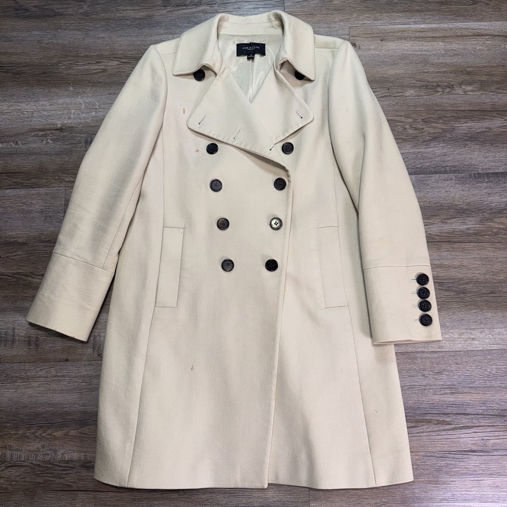 Ann Taylor Cream-Colored Double-Breasted Peacoat Womens Medium Wide Lapel Collar